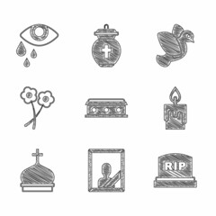 Set Coffin with cross, Mourning photo frame, Tombstone RIP written, Burning candle, Church tower, Flower, Dove and Tear cry eye icon. Vector