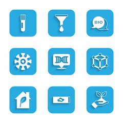 Set DNA symbol, Blood test and virus, Plant in hand, Molecule, Eco friendly house, Bacteria, Bio healthy food and Test tube flask icon. Vector