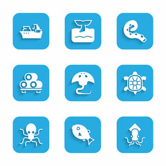 Set Stingray, Tropical fish, Octopus, Turtle, Sushi on cutting board, of tentacle and Fishing boat icon. Vector