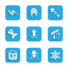 Set Octopus, Turtle, Fishing harpoon, Canned fish, tail, skeleton and Eel icon. Vector
