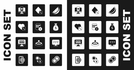 Set Casino slot machine with watermelon, Lottery ball bingo card, Game dice, Online poker table game, Money bag, Slot jackpot and icon. Vector