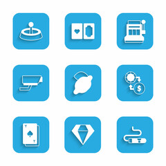 Set Casino slot machine with lemon, Diamond, Cigar, chips exchange money, Playing card spades, Security camera, Slot and roulette wheel icon. Vector