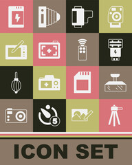 Set Tripod, Softbox light, Photo camera flash, Camera roll cartridge, Graphic tablet, Battery for and Remote control icon. Vector