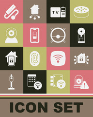 Set Ringing alarm bell, Smart home, coffee machine, Multimedia and TV box receiver, Smartphone battery charge, Web camera, Electric extension cord and Robot vacuum cleaner icon. Vector