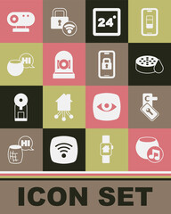 Set Voice assistant, Digital door lock, Water sensor, Thermostat, Ringing alarm bell, Web camera and icon. Vector