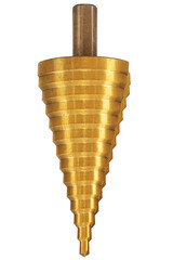 Conical step drill for drilling holes of different diameters, isolated on white background