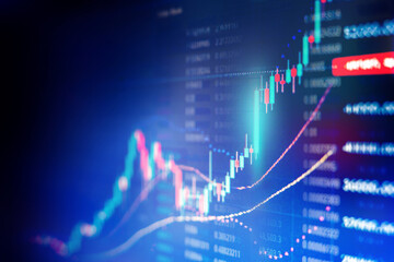 Financial graph with up trend line candlestick chart in stock market on blue color background