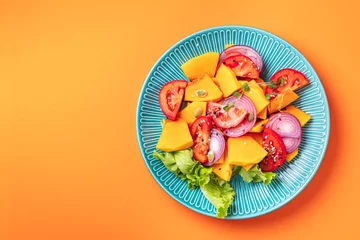 Poster salad pumpkin tomato mix vegetables fresh portion ready to eat meal snack on the table copy space food background rustic. top view keto or paleo diet veggie vegan or vegetarian food © Alesia Berlezova