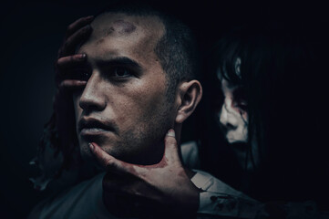 Portrait of asian woman make up ghost,Scary horror scene for background,Halloween festival concept,Ghost movies poster