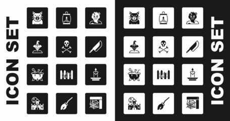 Set Zombie mask, Skull on crossbones, Witch, Cat, Knife, Camping lantern, Burning candle and Halloween witch cauldron icon. Vector