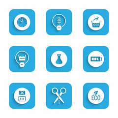 Set Test tube and flask, Scissors with cut line, Leaf Eco symbol, Battery, Temperature wash, Delicate, Hand laundry and Clock icon. Vector