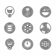 Set Test tube and flask, Clock, Social network, Worldwide, Temperature wash, Bowl, Carton cardboard box and Delicate icon. Vector