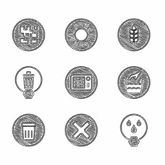 Set Microwave oven, X Mark, Cross in circle, Water drop forbidden, Hand wash laundry, Trash can, Wheat and QR code icon. Vector