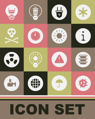 Set Bomb explosion, Bowl, Information, Electric plug, Clock, Bones and skull warning, Temperature wash and Sun icon. Vector