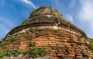 Fototapeta na wymiar Looking up at pagodas in Ayutthaya historical park, Thailand