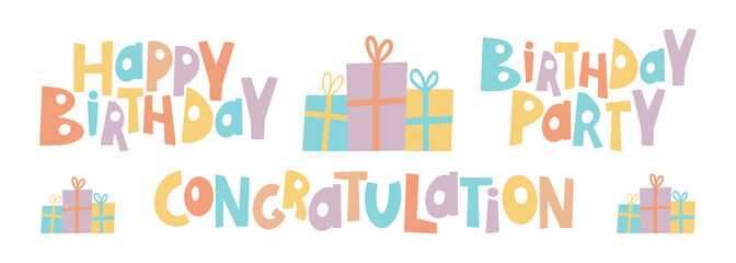 Fototapeta na wymiar Congratulations colorful with Happy birthday full color. Design elements Cute letterng hand draw style