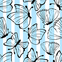 Seamless pattern black butterfly on stripes. For card, textile, fabric, cloth, wrapping, scrapbooking, wallpaper