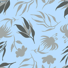 Fototapeta na wymiar Seamless pattern abstract branch, leaves, flowers isolated on blue. Vector illustration. For card, wallpaper, textile, fabric,paper design