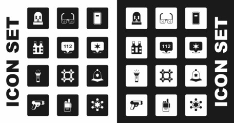 Set Police assault shield, Telephone call 112, Bulletproof vest, Flasher siren, Hexagram sheriff, Safety goggle glasses, British police helmet and Flashlight icon. Vector