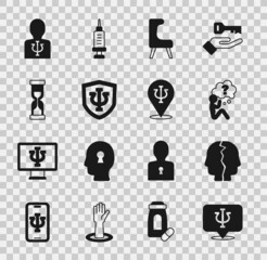 Set Psychology, Psi, Bipolar disorder, Head with question mark, Armchair, Old hourglass, and icon. Vector