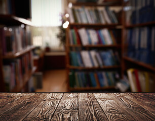 Empty wooden table in library. Space for design
