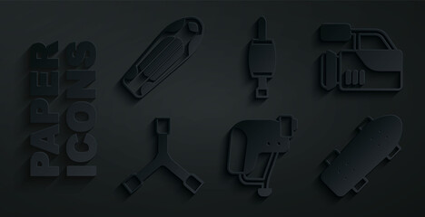 Set Skateboard helmet, Cinema camera, Y-tool, Screwdriver and deck icon. Vector