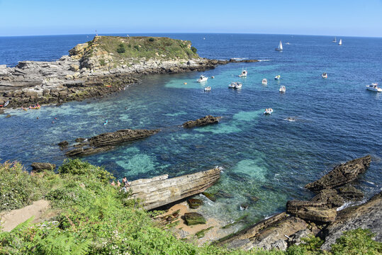 Turqoise waters around Amuitz Irla island and Cape Higuer, Hondarribia, Basque Country, Spain