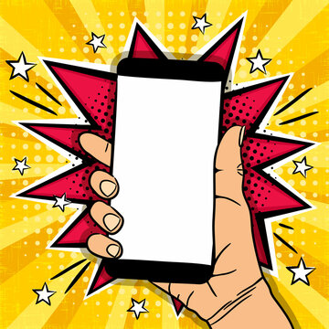 Comic bright banner with mobile phone in hand. Explosion, Smartphone with blank screen and stars in pop art style. Template for web design, banners, cards, coupons and posters. Vector illustration