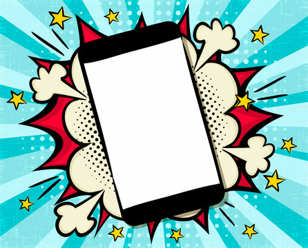 Comic bright banner with mobile phone on explosion background. Bubbles, smartphone and stars in pop art style. Template for web design, banners, cards, coupons and posters. Vector illustration