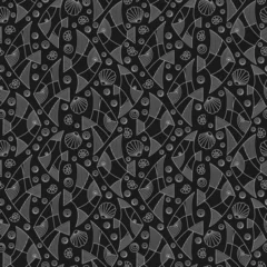 Tapeten Meerestiere Nahtloses Muster auf einem Meeresthema mit leichten Konturfischen und Muscheln, Umrissfische auf schwarzem Hintergrund