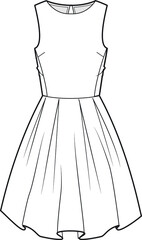 Women's sleeveless pleated skater dress technical drawing vector illustration. mockup.