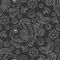 Seamless pattern with light contour cartoon fun fishes and flowers, outline animals on a dark  background