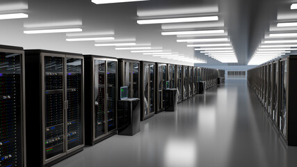 Fototapeta premium Rackmount LED console in server room data center. Server. Room servers data center. Backup, mining, hosting, mainframe, farm and computer rack with storage information. 3d render