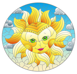 Illustration in stained glass style with fabulous sun with the face on the background of sky and clouds, oval image