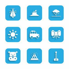Fototapeta premium Set Car, Chichen Itza in Mayan, Arrow, Elephant, Rhinoceros, Sun, African tree and Mosquito icon. Vector