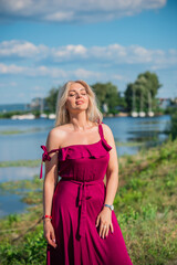 Fototapeta premium Plus size American sweet woman at nature, enjoy the life, walk at beach. Life of people xl size, happy nice natural beauty woman