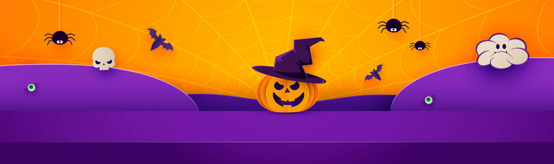 3d paper art abstract minimal geometric shape pattern background. Halloween background design with product display. Spiders and bats.