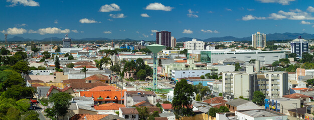 Panoramic view of the city of São José dos Pinhais, metropolitan region of Curitiba, with emphasis on the Water Box, landmark of the city, and in the background the Serra do Mar
