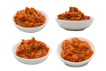 Vegetable stew in a bowl isolated on white background.