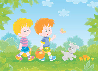 Little kids mushroomers and their merry pup walking with baskets and gathering mushrooms in a summer forest, vector cartoon illustration