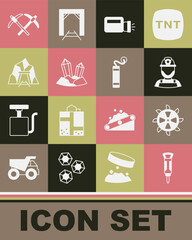 Set Construction jackhammer, Bucket wheel excavator, Miner in helmet, Flashlight, Gem stone, entrance, Pickaxe and Dynamite icon. Vector