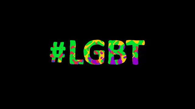 Hashtag #LGBT. Animated text. Transparent Alpha channel, 4K video. Color movable letters pattern, fluid aqua effect. Trendy popular Hashtag #LGBT for social sexual minorities, media, title video