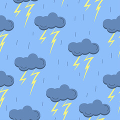 Seamless pattern with cloud, rain, thunder on blue background. Vector illustration