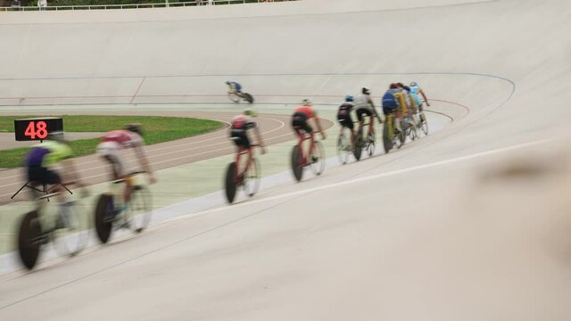 Velodrome race. Bicycle race velodrome competition. Pursuit bike race on cycling track