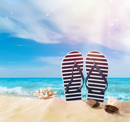 Fototapeta na wymiar Striped flip flops, coral, sea shell and sunglasses on sandy beach