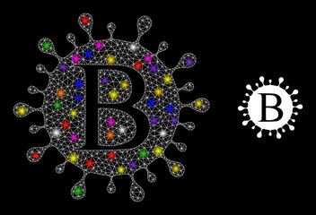 Glossy net Beta coronavirus constellation icon with light spots. Illuminated vector constellation is created from Beta coronavirus icon. Sparkle frame mesh Beta coronavirus on a black background.