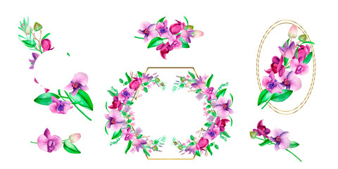  Watercolor gold frame. An orchid wreath of hand-painted lavender leaves and orchid flowers .Lavender purple wedding design.Cute insects on the leaves.Suitable for the design.