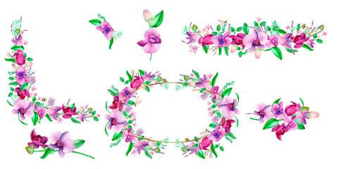  Watercolor gold frame. An orchid wreath of hand-painted lavender leaves and orchid flowers .Lavender purple wedding design.Cute insects on the leaves.Suitable for the design.