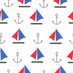 Red and blue sailboat and anchor seamless pattern on white background. Vector illustration