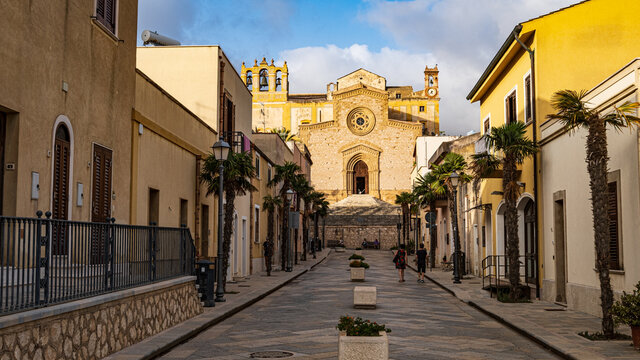 Old town of Custonaci, Sicily, Italy. Course with Sanctuary of Maria Santissima of Custonaci